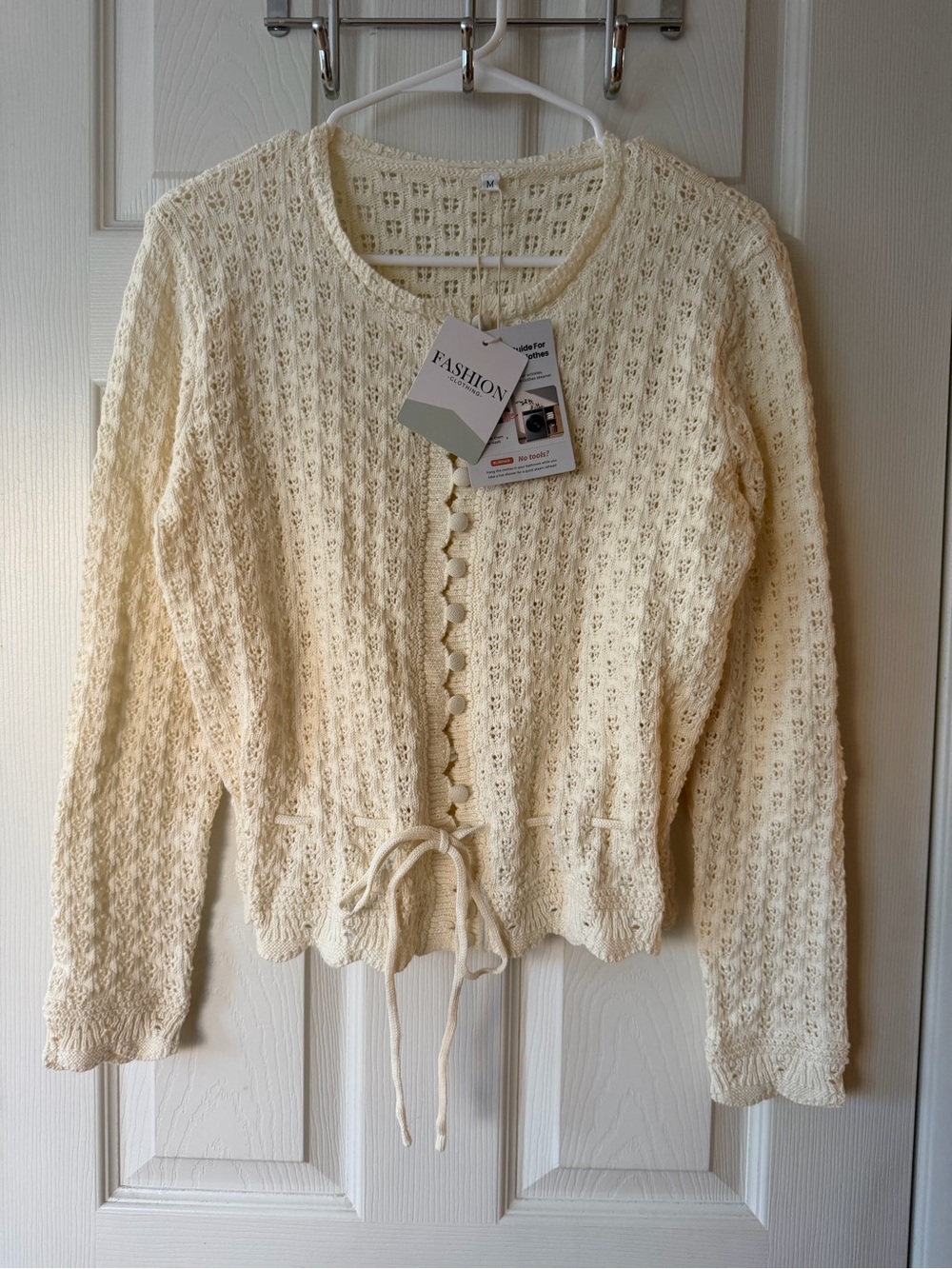 Fashion Label Cream Knit Button-Front Cardigan with Waist Tie